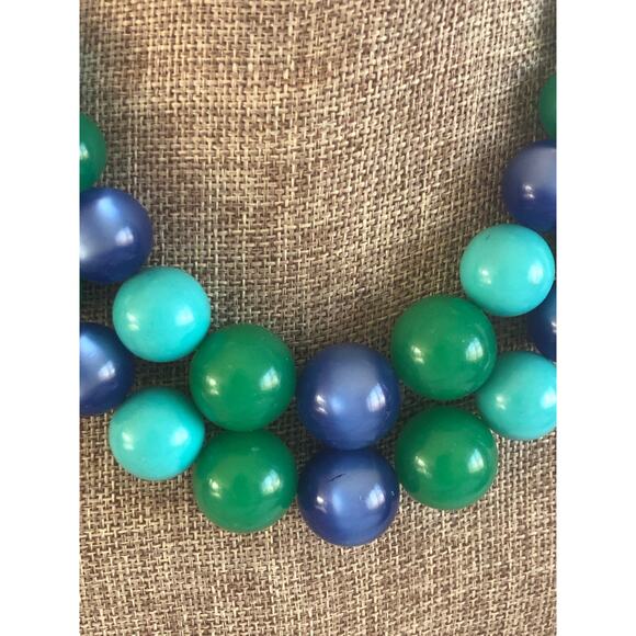 Vintage Blue Green Double Strand  Graduated Plastic Necklace - Picture 4 of 4